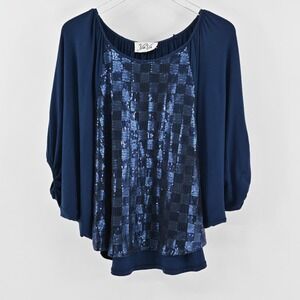 Vtg VaVa Joy‎ Han Womens Sequin Top Size L Blue Checkered Batwing Dolman Sleeve